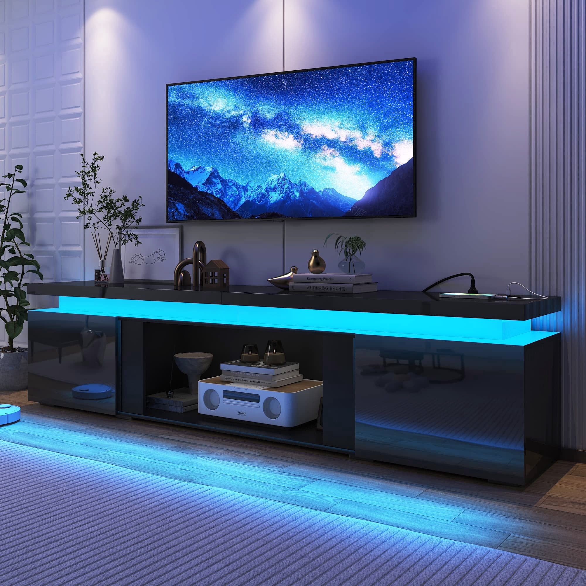 90 inch LED TV Stand with 50" Fireplace Slot & Power Outlet, High Gloss Fireplace TV Stand for 85 90 95 100 inch TVs, Modern Large Media Console Entertainment Center(No Fireplace)