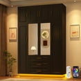 thumbnail image 1 of Blotout 91'' Armoire Wardrobe Closet with Top Cabinet and Mirror, Modern 4 Doors Adult Wood Closet Storage Cabinet with Hanging Rod & 3 Drawers & RGB LED 60,000 Color Lights/5 Storage Shelves, 1 of 8