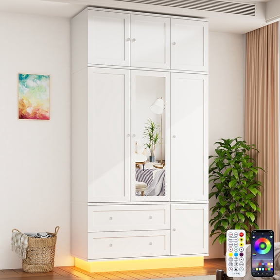 Blotout 93'' Tall 3 Door LED Wardrobe Armoire with Top Cabinet, Motion Sensor Light, Mirror, 2 Drawers & Hanging Rod, Large Storage Armoire, Wood Clothes Cabinet for Bedroom