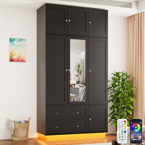 Blotout 93'' Tall 3 Door LED Wardrobe Armoire with Top Cabinet, Motion Sensor Light, Mirror, 2 Drawers & Hanging Rod, Large Storage Armoire, Wood Clothes Cabinet for Bedroom