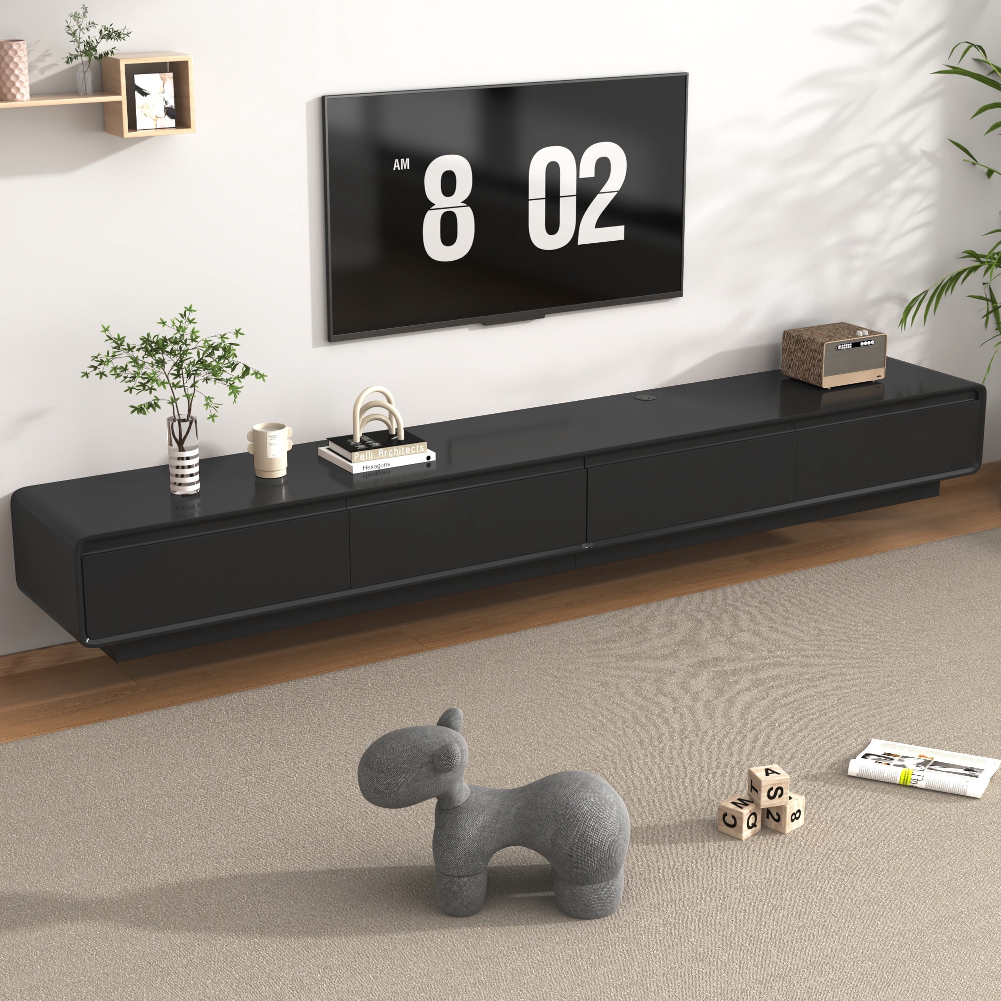 Blotout 94.5'' Minimalist Floating TV Stand, Modern Wall-Mounted Media Console with 4 Drawers for Wall-mounted TV Up to 110'', Black