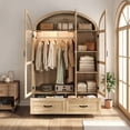 thumbnail image 1 of Blotout Arched Glass Doors Armoire Wardrobe Closet with LED Light, 75" Tall Armoire Closet with Drawer & Hanging Rod, Large Clothes Organizer Display Storage Cabinet for Bedroom, 1 of 10