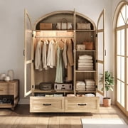 Blotout Arched Glass Doors Armoire Wardrobe Closet with LED Light, 75" Tall  Armoire Closet with Drawer & Hanging Rod, Large Clothes Organizer Display Storage C
