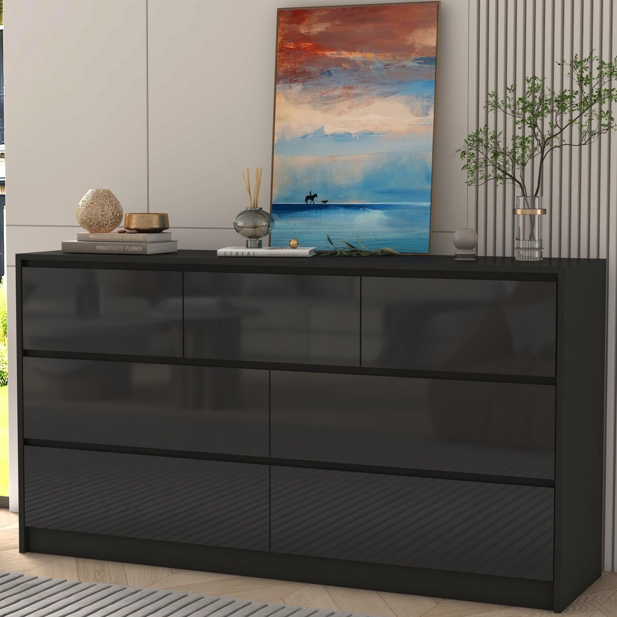Blotout Black Malm Dresser for Bedroom, 55" Long Dresser High Gloss Dresser with 7 Drawers, Large Wood Chest of Drawer Handle Free, Dresser for Bedroom, Living Room, Entryway, Hallway