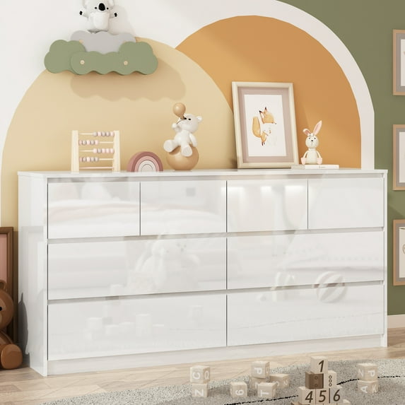 Blotout White 8 Drawer Dressers for Bedroom, 63" Long Dresser High Gloss White Dresser, Modern Large Wood Chest of Drawer Handle Free, Dresser for Bedroom, Living Room, Entryway, Hallway, White