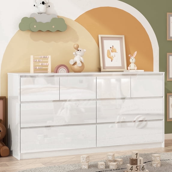 Blotout Black Malm Dresser for Bedroom, 63" Long Dresser Full High Gloss Dresser with 8 Drawers, Large Wood Chest of Drawer Handle Free, Dresser for Bedroom, Living Room, Entryway, Hallway, White