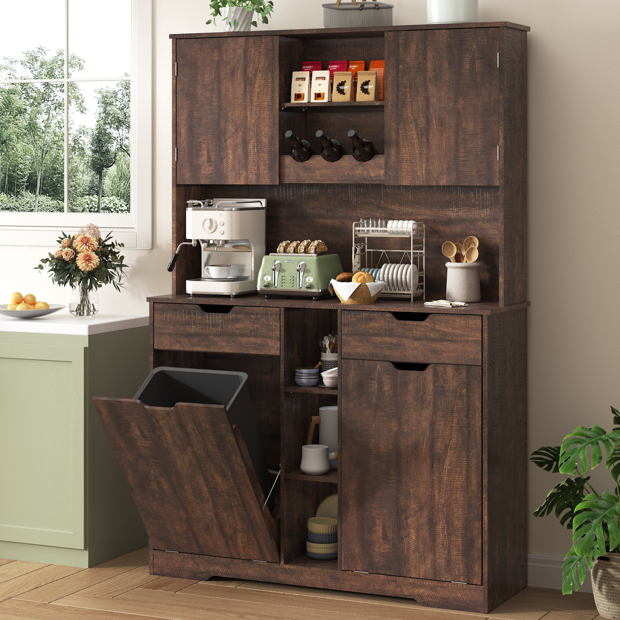 Blotout 71" Tall 46"Wide Kitchen Pantry Cabinet with Charging Station & Microwave Shelf, Farmhouse Kitchen Double Tilt Out Trash Cabinet 10X2 Gallon Garbage Holder with 2 Drawers Storage