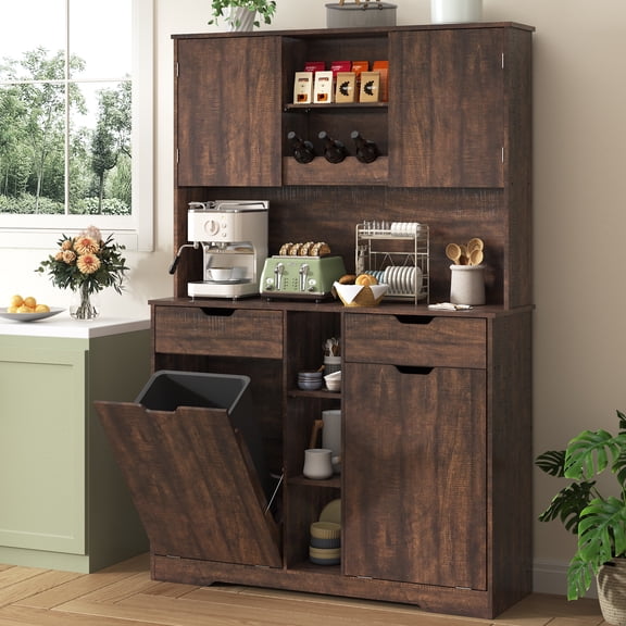Blotout 71" Tall 46"Wide Kitchen Pantry Cabinet with Charging Station & Microwave Shelf, Farmhouse Kitchen Double Tilt Out Trash Cabinet 10X2 Gallon Garbage Holder with 2 Drawers Storage