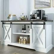 Blotout Coffee Bar Cabinet with Sliding Barn Door, 58" Farmhouse Buffet Cabinet Kitchen Storage Sideboard(White)