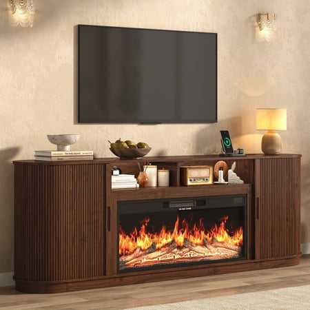 Blotout 86" Fireplace TV Stand for TVs Up to 95" with 40" Electric Fireplace, Mid-Century Entertainment Center with Power Outlet & Sliding Doors, Curved Reeded Media Console Cabinet, Walnut