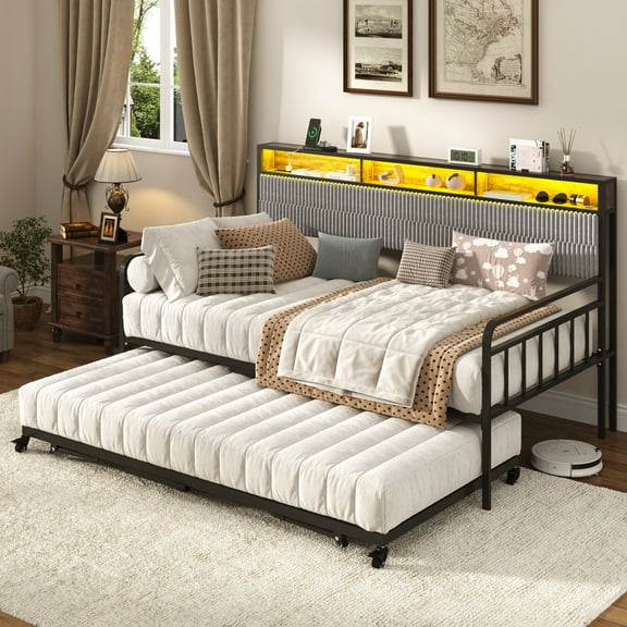 Blotout Daybed with Trundle Bed and LED Light, Twin Bed Frame with Storage Headboard and Charging Station, Sofa Bed with Strong Supports for Living Room, Bedroom, and Guest Room
