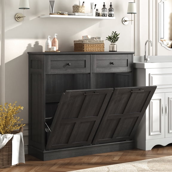 Blotout Double Tilt Trash Cabinet with 2 Hidden Drawers,Kitchen Hidden Trash Can with Flip Cover,Suitable for Kitchen,House,Apartment,Dormitory,Laundry Room