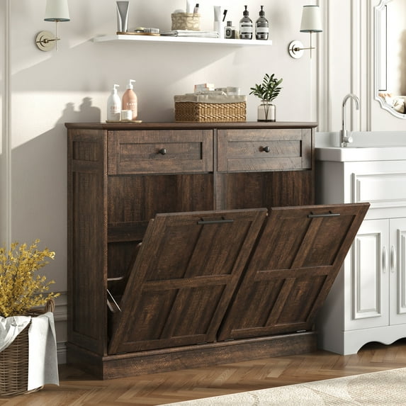 Blotout Double Tilt Trash Cabinet, 20 Gallon Trash Can, 2 Hidden Drawers, Kitchen Hidden Trash Can with Flip Cover,Suitable for Kitchen, House, Apartment, Dormitory, Laundry Room