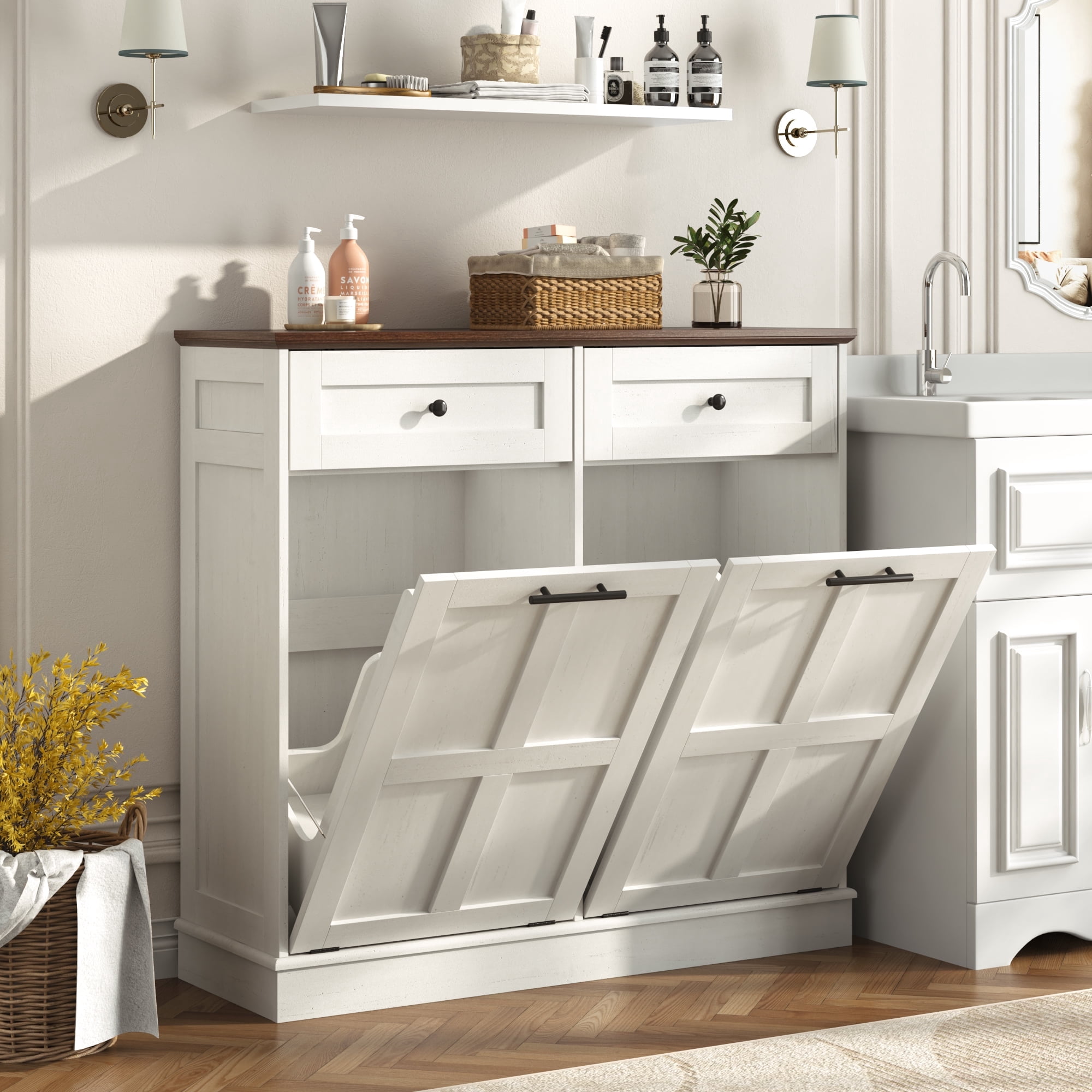 Blotout Double Tilt Trash Cabinet with 2 Hidden Drawers,Kitchen Hidden Trash Can with Flip Cover,Suitable for Kitchen,House,Apartment,Dormitory,Laundry Room