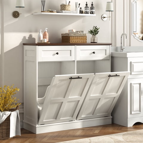 Blotout Double Tilt Trash Cabinet with 2 Hidden Drawers,Kitchen Hidden Trash Can with Flip Cover,Suitable for Kitchen,House,Apartment,Dormitory,Laundry Room