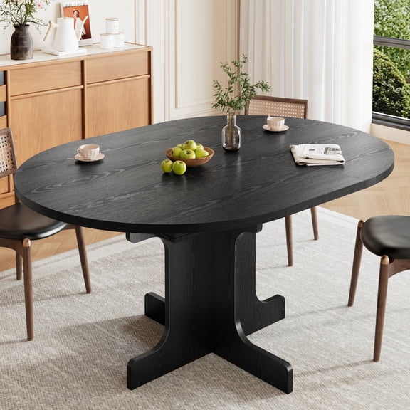 Blotout Extendable Round Dining Table, 43.3"-59" Expandable Oval Kitchen Table with Hidden Storage, Modern Wood Grain Pedestal Base, Dining Table for 4-8 People