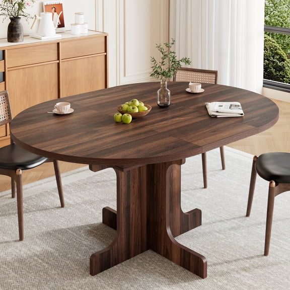Blotout Extendable Round Dining Table, 43.3"-59" Expandable Oval Kitchen Table with Hidden Storage, Modern Wood Grain Pedestal Base, Dining Table for 4-8 People