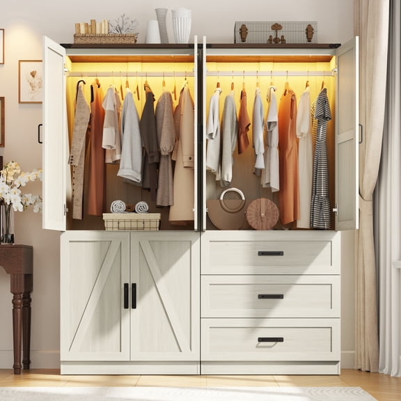 Blotout Farmhouse 4-Door Armoire Wardrobe Closet with 3 Drawers & LED Sensor Light, Rustic Wooden Freestanding Clothing Storage Cabinet with 2 Hanging Rods for Bedroom