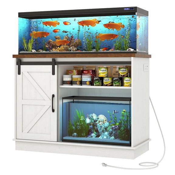 Blotout Farmhouse 40-50 Gallon Fish Tank Stand with Power Outlet, 41.7"Aquarium Stand with Storage/Sliding Barn Door, Heavy Duty Tank Stand for 2 Fish Tank/Reptile Terrarium, 1000lbs Capacity,White