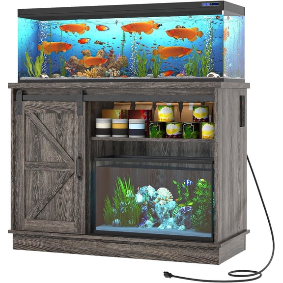 Blotout Farmhouse 40-50 Gallon Fish Tank Stand with Power Outlet, 41.7"Aquarium Stand with Storage/Sliding Barn Door, Heavy Duty Tank Stand for 2 Fish Tank/Reptile Terrarium, 1000lbs Capacity,Gray
