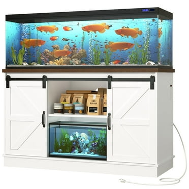 Blotout Farmhouse 55-75 Gallon Fish Tank Stand with Power Outlet, 52"Aquarium Stand with Storage/Sliding Barn Door, Heavy Duty Tank Stand for 2 Fish Tank/Reptile Terrarium, 1000lbs Capacity,White