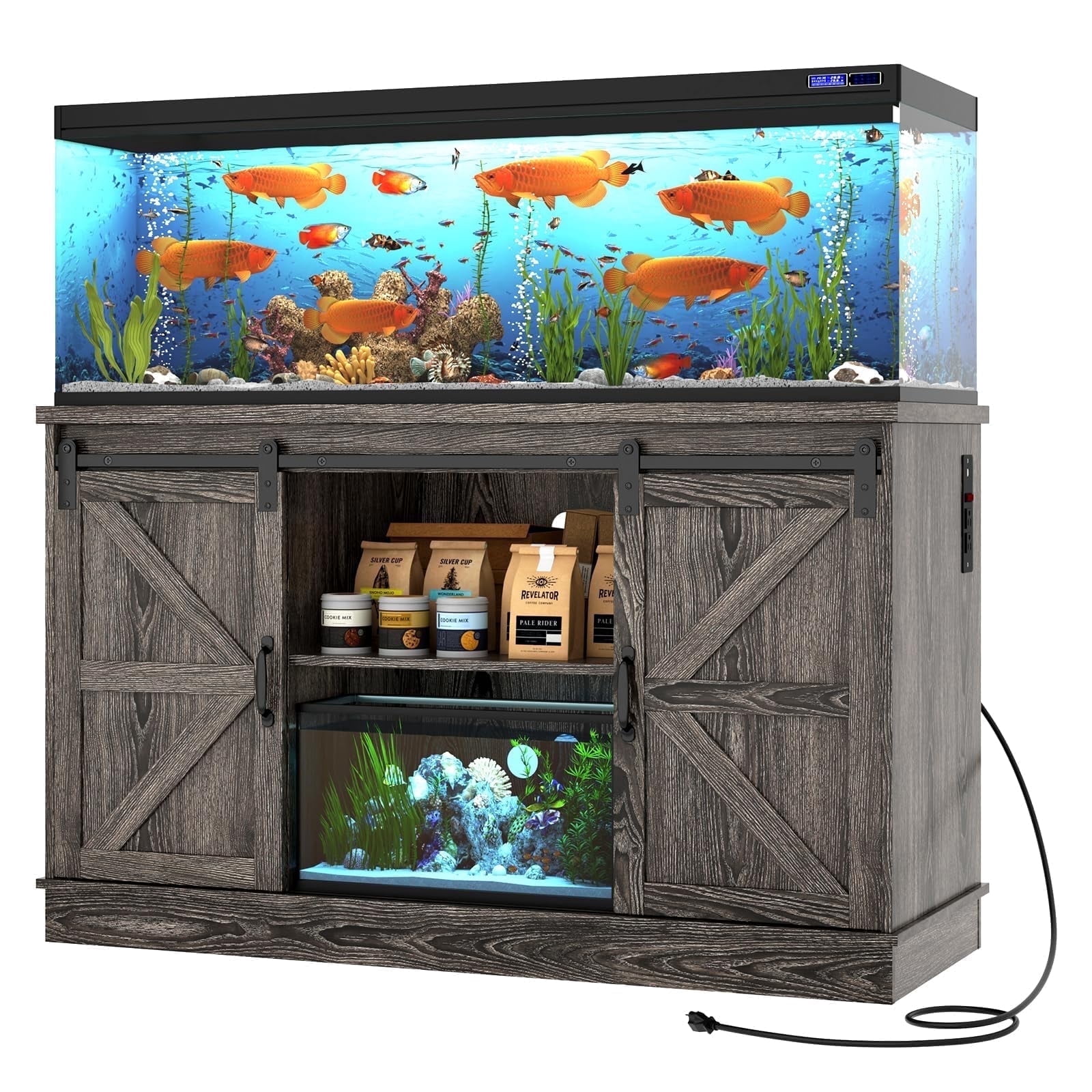 Blotout Farmhouse 55-75 Gallon Fish Tank Stand with Power Outlet, 52"Aquarium Stand with Storage/Sliding Barn Door, Heavy Duty Tank Stand for 2 Fish Tank/Reptile Terrarium, 1000lbs Capacity,Gray
