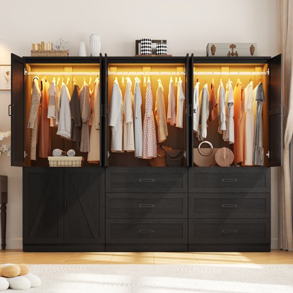 Blotout Farmhouse 6 Door Armoire Wardrobe Closet with Motion Sensor Light & 6 Drawers, 94.5" Extra Large Freestanding Wood Clothing Storage System with with 2 Hanging Rods for Bedroom