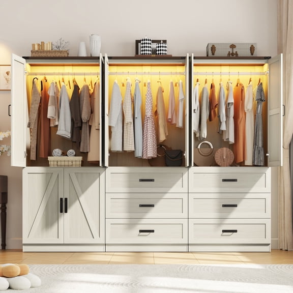 Blotout Farmhouse 6 Door Armoire Wardrobe Closet with Motion Sensor Light & 6 Drawers, 94.5" Extra Large Freestanding Wood Clothing Storage System with with 2 Hanging Rods for Bedroom