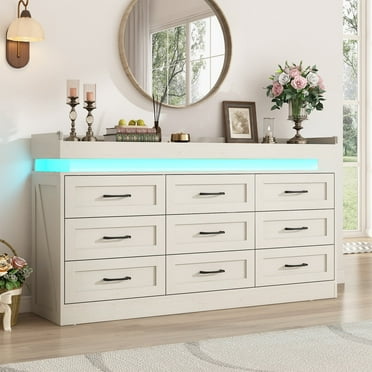 Blotout Farmhouse 9 Drawer Dresser with LED Lights and Charging Station, Wide Wood Rustic 9 Chests of Drawers and Metal Handles for bedroom, Living Room