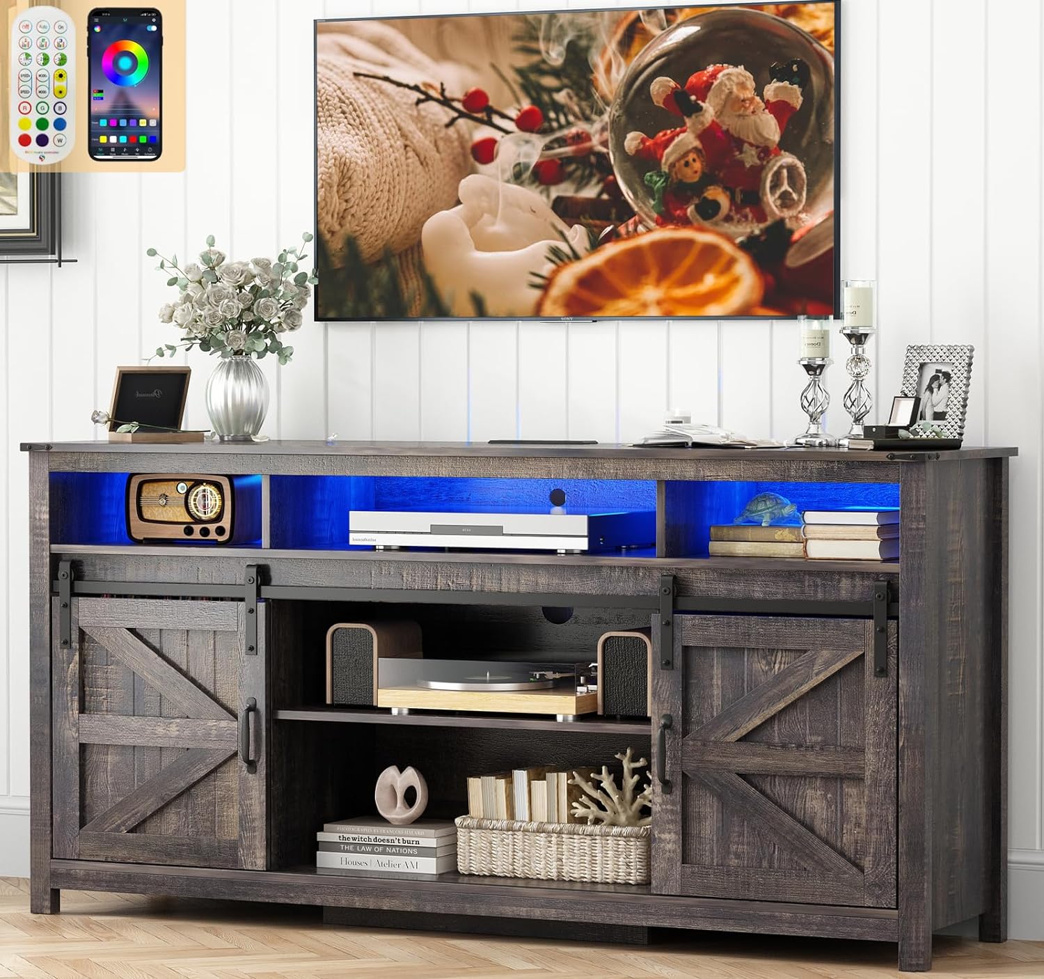Amerlife TV Stand Sliding Barn Door Modern&Farmhouse Wood Entertainment