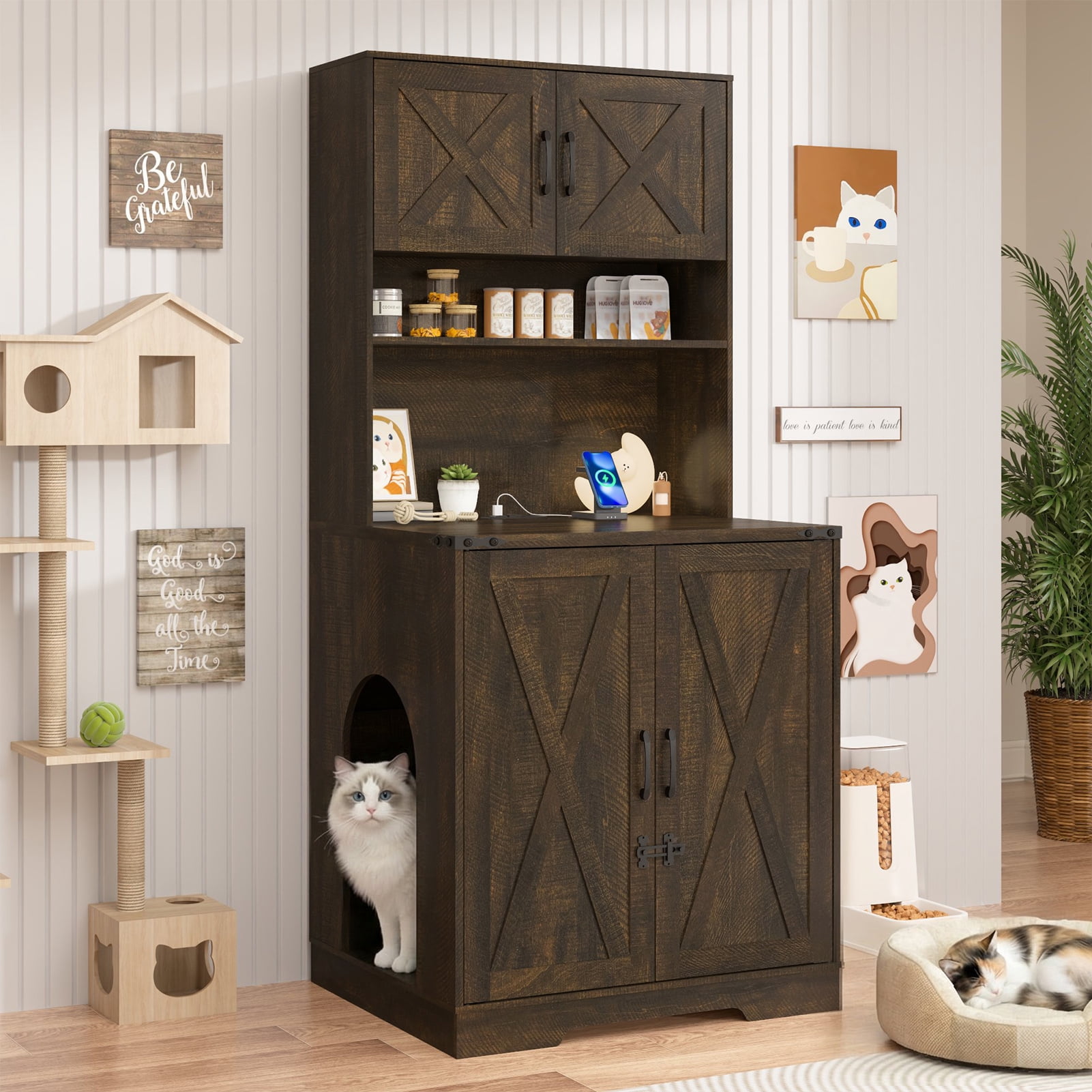 Blotout 71" Tall Farmhouse Cat Litter Box Enclosure W/ Shelves and Doors, Wooden Cat Litter Box Furniture for Self-Cleaning Litter Boxes, Large Hidden Litter Box Furniture W/ Power Outlets, Locks