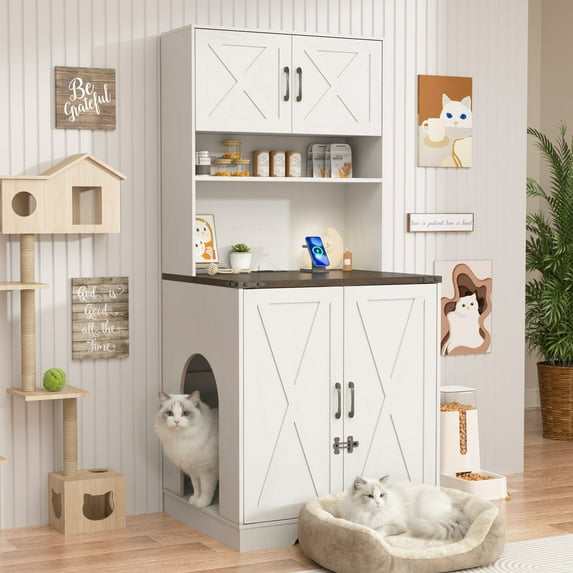 Blotout 71" Tall Farmhouse Cat Litter Box Enclosure W/ Shelves and Doors, Wooden Cat Litter Box Furniture for Self-Cleaning Litter Boxes, Large Hidden Litter Box Furniture W/ Power Outlets, Locks