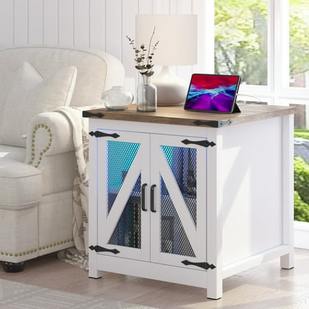 Blotout Farmhouse End Table with LED Light&Charging Station, 24" Large Sofa Side Table, Mesh Barn Door, Adjustable Storage Shelf, Rustic Wood Square Nightstand for Living Room, Bedroom, Office