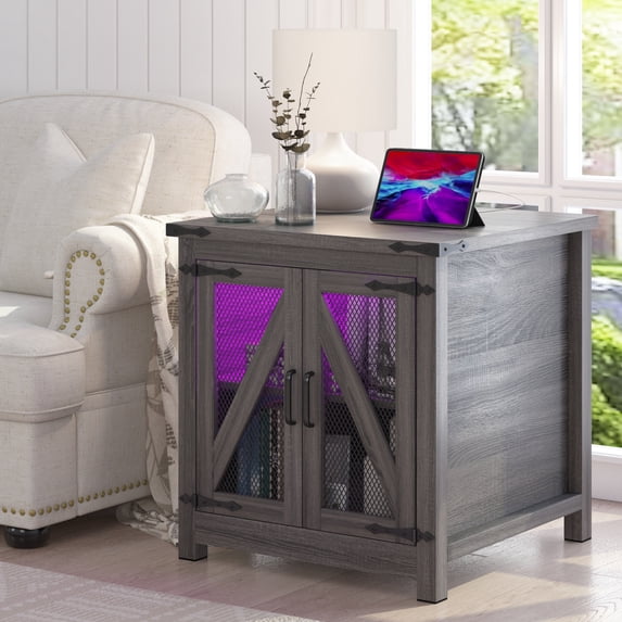 Blotout Farmhouse End Table with LED Light&Charging Station, 24" Large Sofa Side Table, Mesh Barn Door, Adjustable Storage Shelf, Rustic Wood Square Nightstand for Living Room, Bedroom, Office