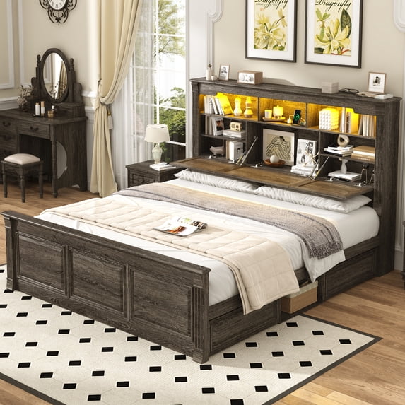 Blotout Farmhouse King Size Bed Frame with 55" Tall Storage Bookcase Headboard & 4 Drawers, Wood Platform Bed Frame with 24" Roman Colum Footboard, LED Light, Charging Station, No Box Spring Needed