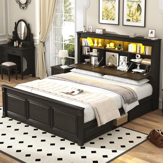 Blotout Farmhouse King Size Bed Frame with 55" Tall Storage Bookcase Headboard & 4 Drawers, Wood Platform Bed Frame with 24" Roman Colum Footboard, LED Light, Charging Station, No Box Spring Needed