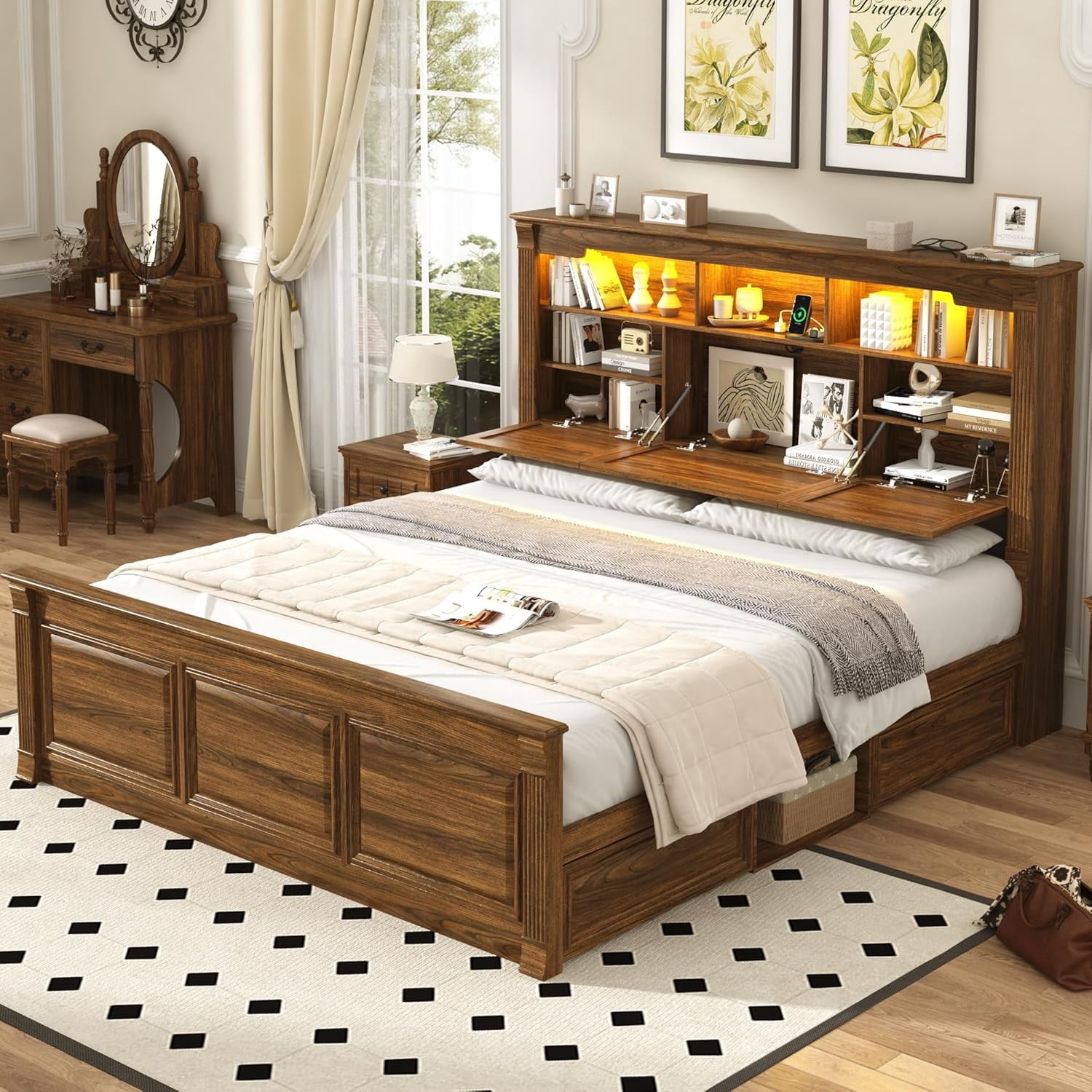 Blotout Farmhouse King Size Bed Frame with 55" Tall Storage Bookcase Headboard & 4 Drawers, Wood Platform Bed Frame with 24" Roman Colum Footboard, LED Light, Charging Station, No Box Spring Needed