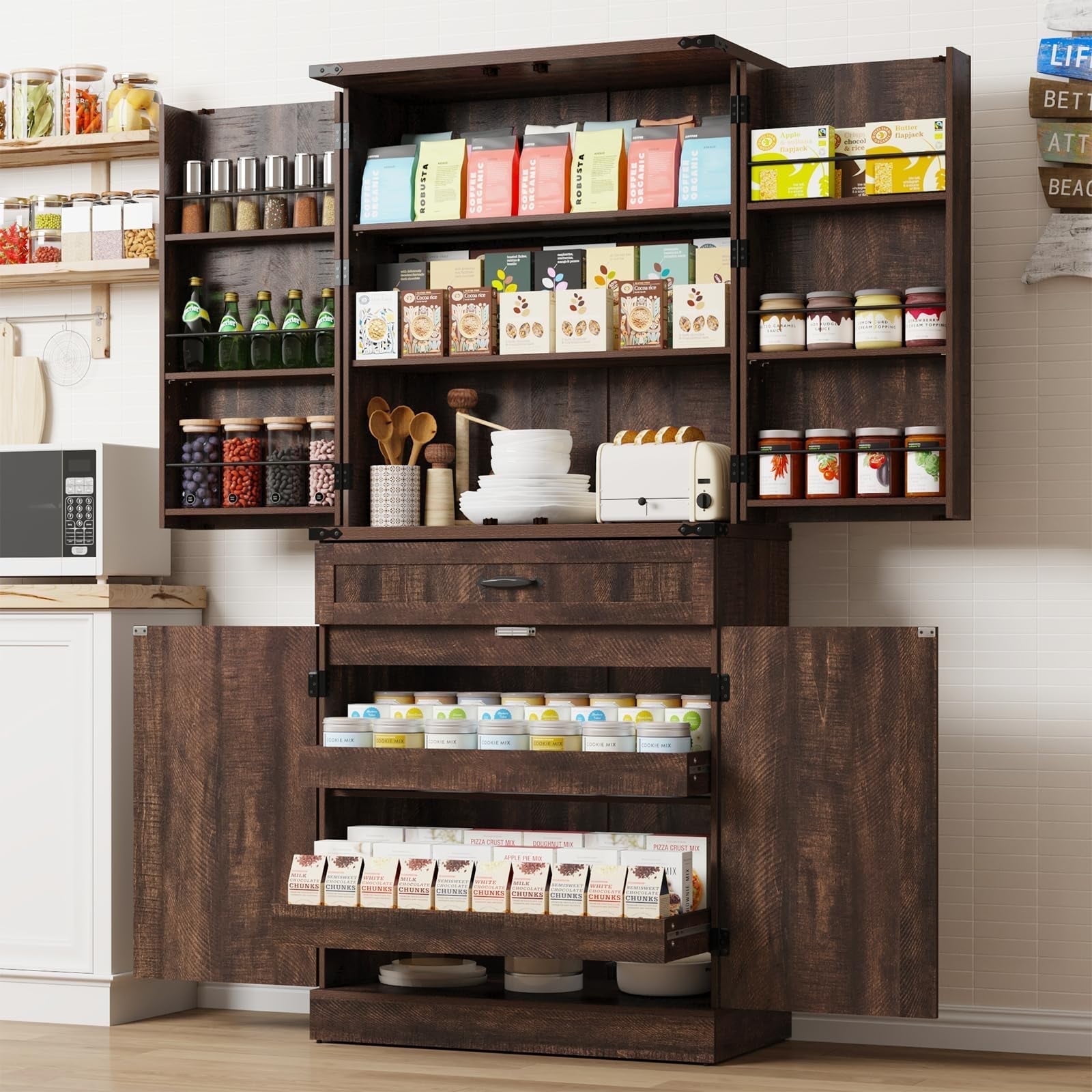 71" Tall Farmhouse Kitchen Pantry Cabinet with 6 Side Shelves & 3 Storage Drawer, Multifunctional Pantry Organizer with Adjustable Shelves & Load-Bearing Steel Pipe for Kitchen,Living Room, Brown