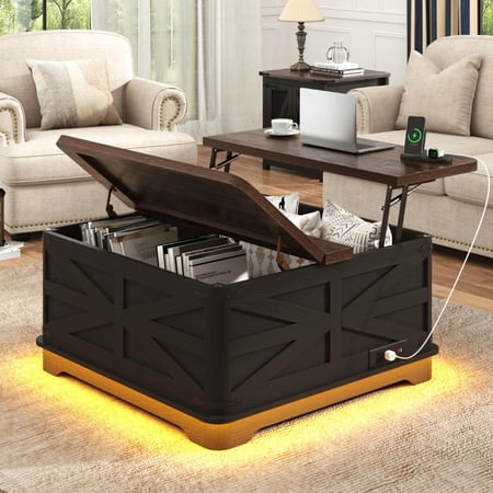 Blotout Farmhouse Lift Top Coffee Table with LED Light and Power Outlets, 36" Square Wood Living Room Storage Tables with Large Hidden Space, Lift Wooden Barn Door Center Table, Black