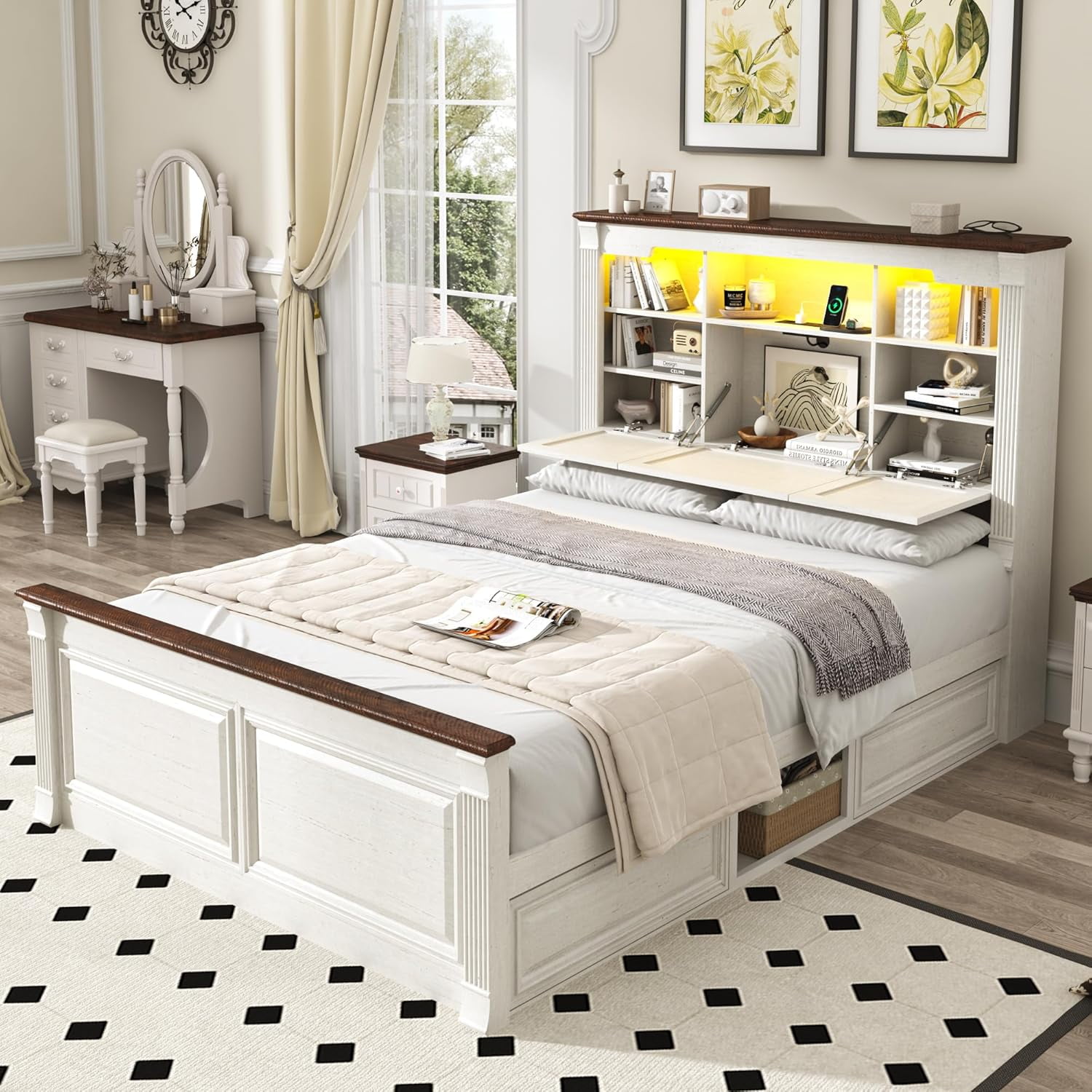 Blotout Farmhouse Queen Size Bed Frame with 55" Tall Storage Bookcase Headboard & 4 Drawers, Wood Platform Bed Frame with 24" Roman Colum Footboard, LED Light, Charging Station, No Box Spring Needed