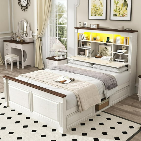 Blotout Farmhouse Queen Size Bed Frame with 55" Tall Storage Bookcase Headboard & 4 Drawers, Wood Platform Bed Frame with 24" Roman Colum Footboard, LED Light, Charging Station, No Box Spring Needed