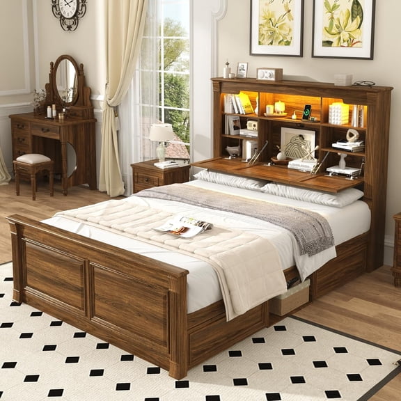 Blotout Farmhouse Queen Size Bed Frame with 55" Tall Storage Bookcase Headboard & 4 Drawers, Wood Platform Bed Frame with 24" Roman Colum Footboard, LED Light, Charging Station, No Box Spring Needed