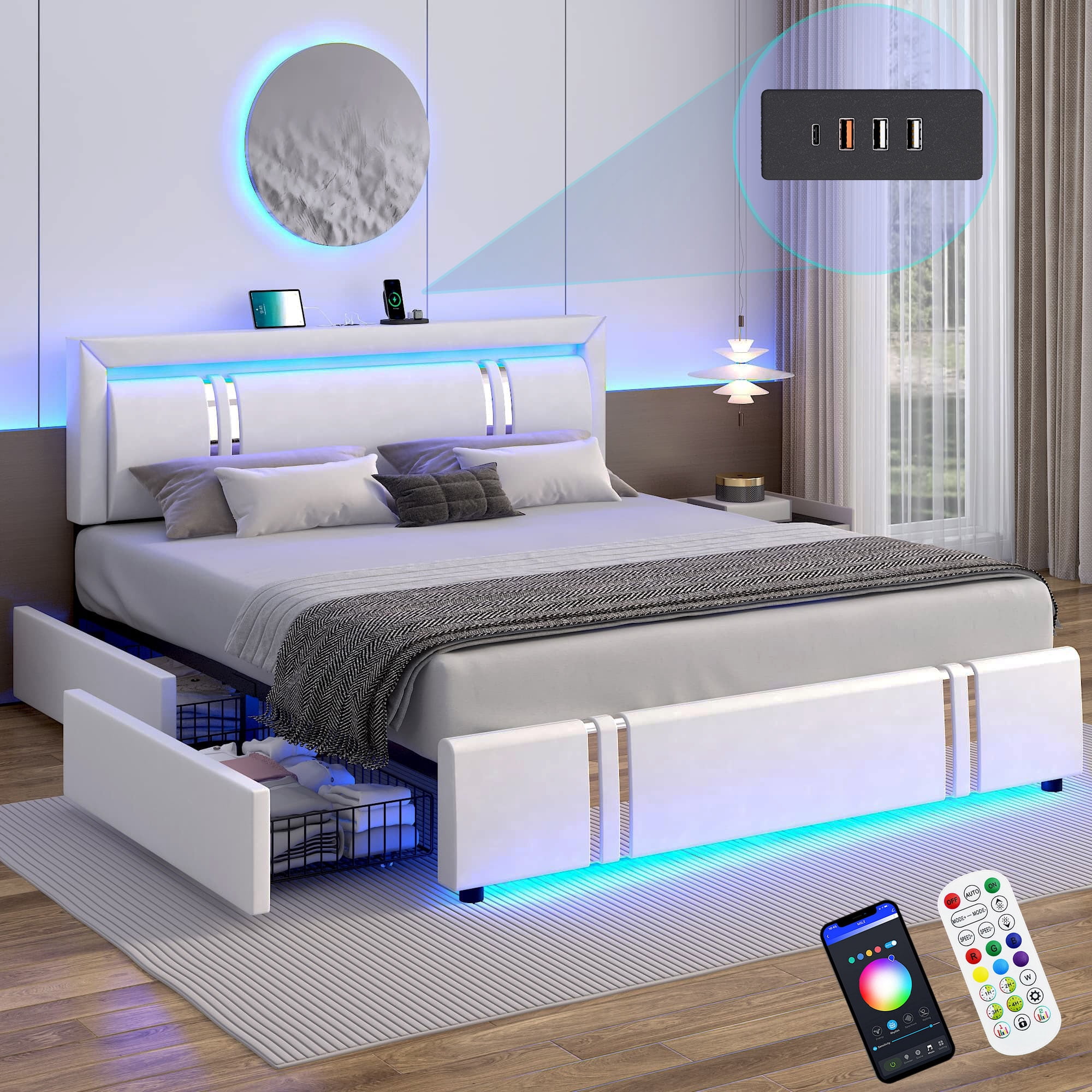 Blotout Faux Leather Bed Frame Queen Size with 4 Drawers & USB Charging Station & LED Light Headboard Footboard, Modern Upholstered Platform Bed, No Box Spring Needed, White