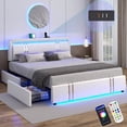 thumbnail image 1 of Blotout Faux Leather Bed Frame Queen Size with 4 Drawers & USB Charging Station & LED Light Headboard Footboard, Modern Upholstered Platform Bed, No Box Spring Needed, White, 1 of 9