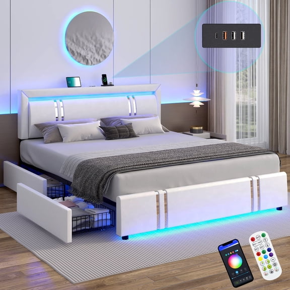 Blotout Faux Leather Bed Frame Queen Size with 4 Drawers & USB Charging Station & LED Light Headboard Footboard, Modern Upholstered Platform Bed, No Box Spring Needed, White