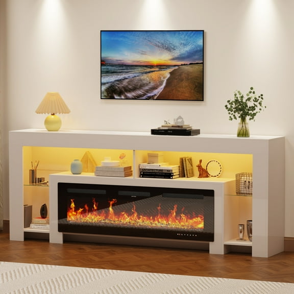 Blotout Fireplace TV Stand for 85/90''TV with 50'' Fireplace, 82'' Modern Entertainment Center LED Lights, 2 Tier TV Console Cabinet Entertainment Center for Living Room, Bedroom