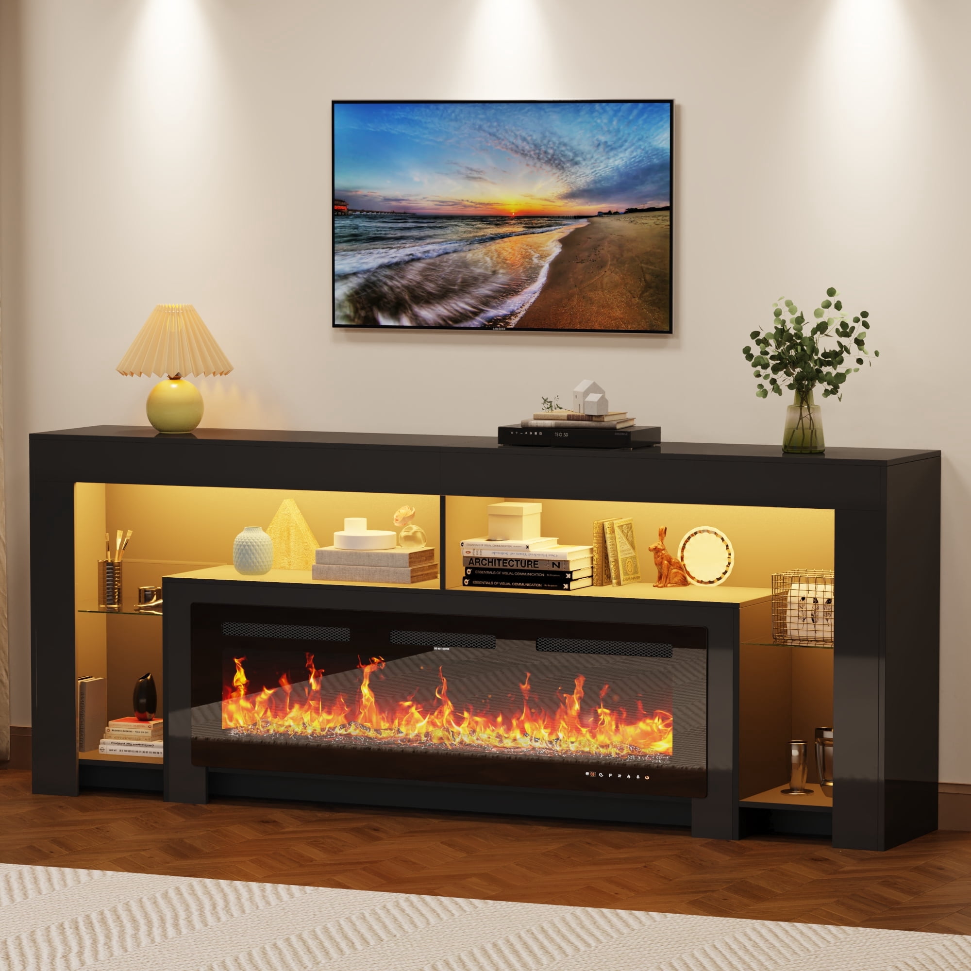 Blotout Fireplace TV Stand for 85/90''TV with 50'' Fireplace, 82'' Modern LED Entertainment Center with Overheat Protection, Adjustable Shelves, 2 Tier Fireplace Console for Living Room, Bedroom