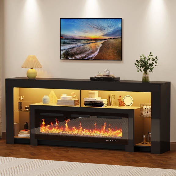 Blotout Fireplace TV Stand for 85/90''TV with 50'' Fireplace, 82'' Modern LED Entertainment Center with Overheat Protection, Adjustable Shelves, 2 Tier Fireplace Console for Living Room, Bedroom