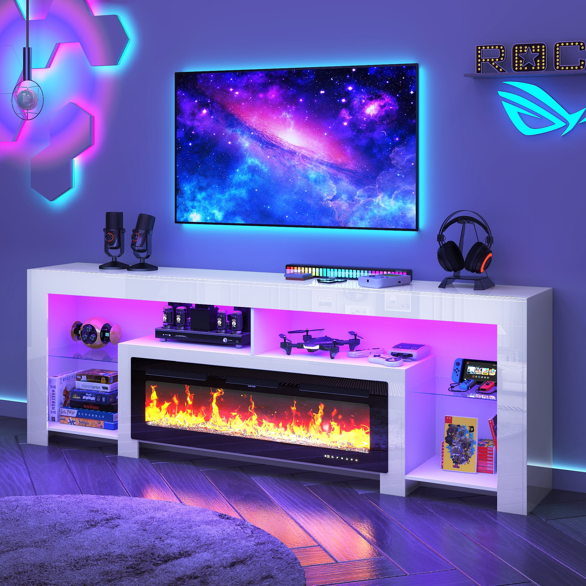 Blotout Fireplace TV Stand for 95/100''TV with 50'' Fireplace, 94.5'' Modern LED Entertainment Center with Overheat Protection, Adjustable Shelves, 2 Tier Fireplace Console for Living Room, Bedroom