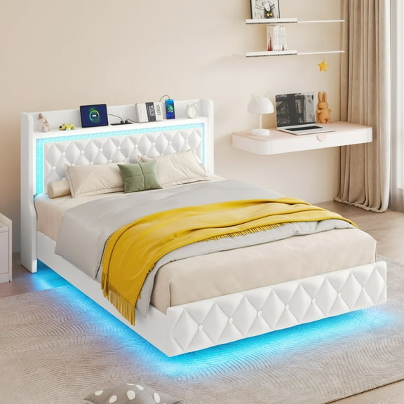 Blotout Floating Full Bed Frame with LED Lights&Power Outlet, Upholstered Pu Leather Platform Bed with Diamond Tufted Storage Headboard & Footboard, No Box Spring Needed, Noise Free, White